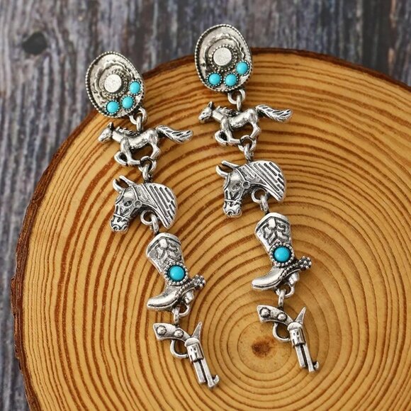 Southwest Style Earrings Pierced Silver Tone Horse Cowboy Cowgirl Boots - Picture 4 of 4